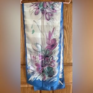 Scarf Italian Blue Floral on White Painted Long NWOT